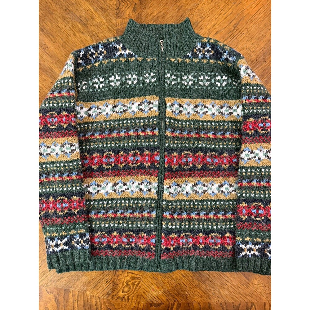 Studio Works Women's L Fair Isle Knit Full Zip Cardigan Sweater Mock Neck